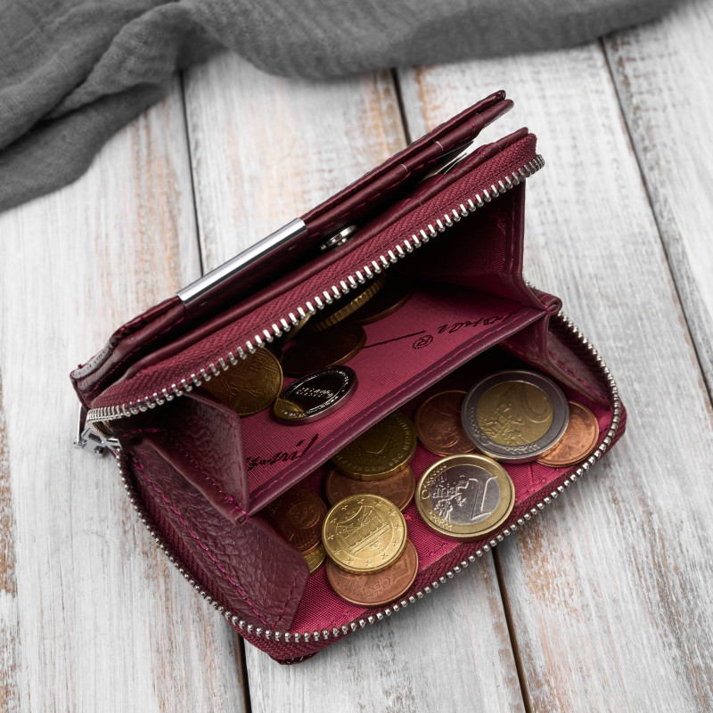 Portfel damski skórzany mini burgundowy skóra naturalna lakierowana croco SP-18-CBGD