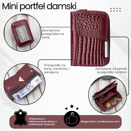 Portfel damski skórzany mini burgundowy skóra naturalna lakierowana croco SP-18-CBGD