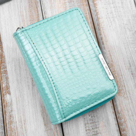 Portfel damski skórzany mini miętowy skóra naturalna lakierowana croco SP-18-CMN