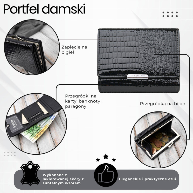 Portfel damski skórzany mały czarny lakierowany croco
