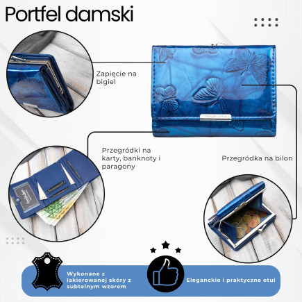 Portfel damski skórzany mały lakierowany z tłoczeniem