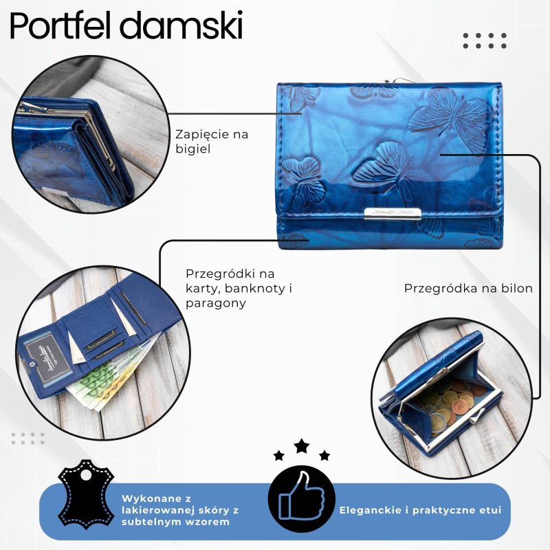 Portfel damski skórzany mały lakierowany z tłoczeniem