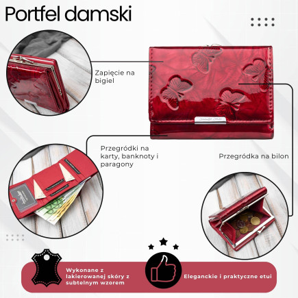 Portfel damski skórzany mały lakierowany z tłoczeniem