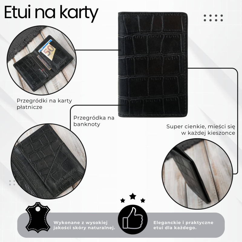 Etui na karty czarne skórzane z tłoczeniem croco eleganckie RFID Paolo Peruzzi KV-05-CBL