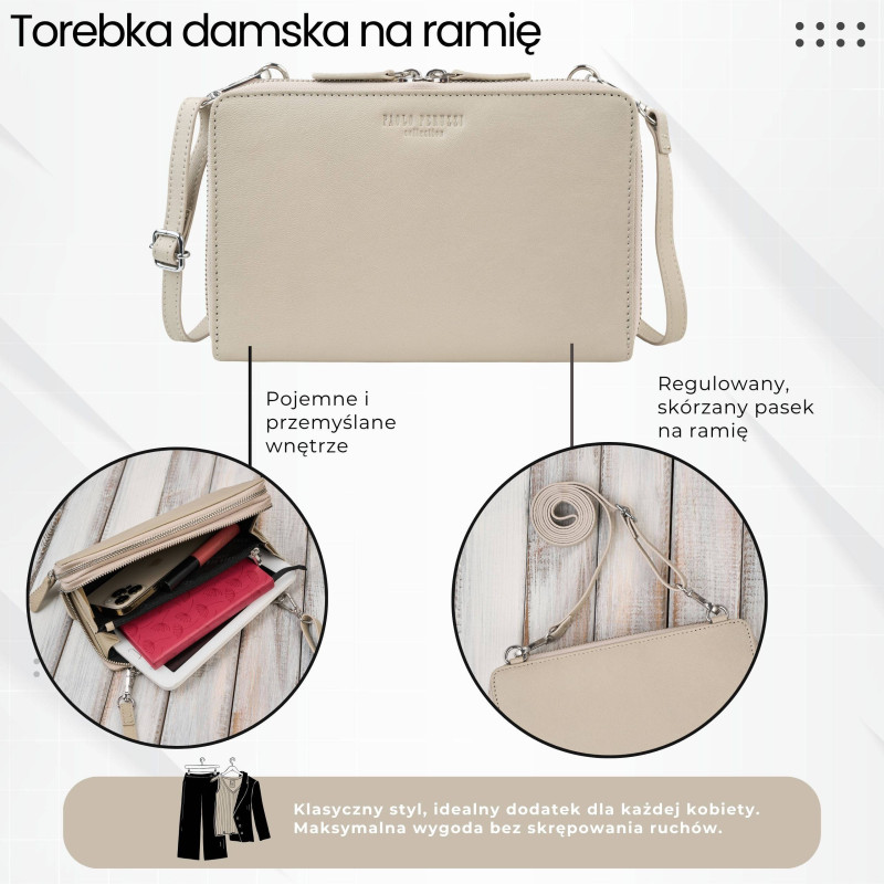 Damska mała torebka skórzana kopertówka beżowa Paolo Peruzzi KV-02-BG – na ramię i do ręki
