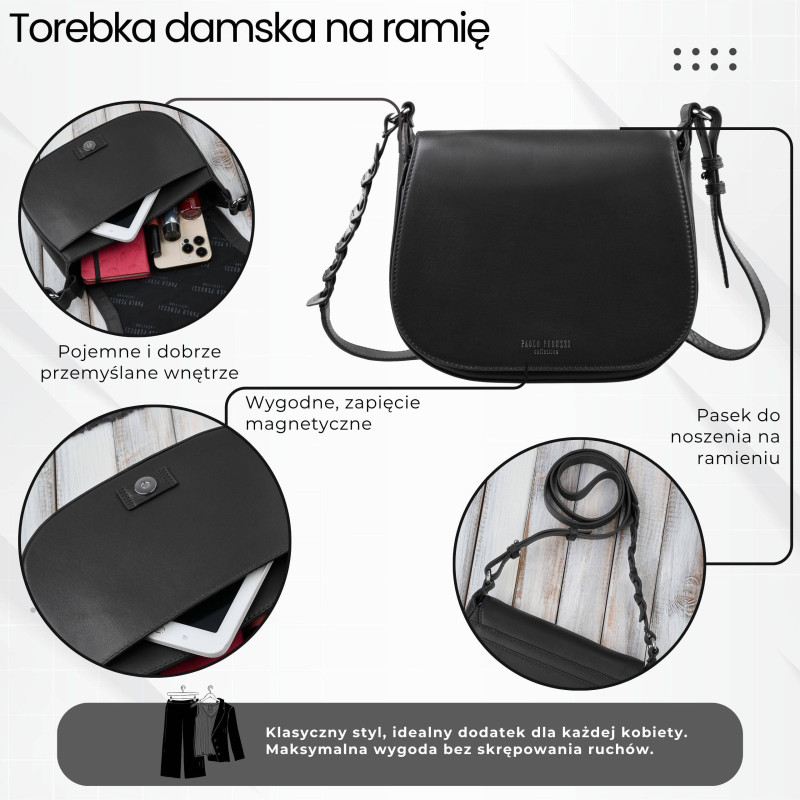 Torebka damska skórzana listonoszka ze skóry licowej modna czarna Paolo Peruzzi KV-06-BL