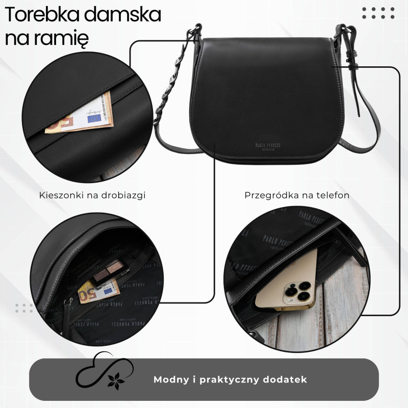 Torebka damska skórzana listonoszka ze skóry licowej modna czarna Paolo Peruzzi KV-06-BL