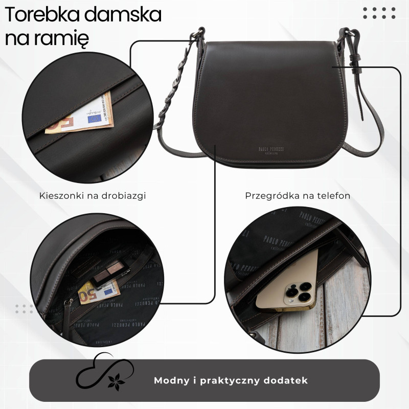 Torebka damska skórzana listonoszka ze skóry licowej modna brązowa Paolo Peruzzi KV-06-BR