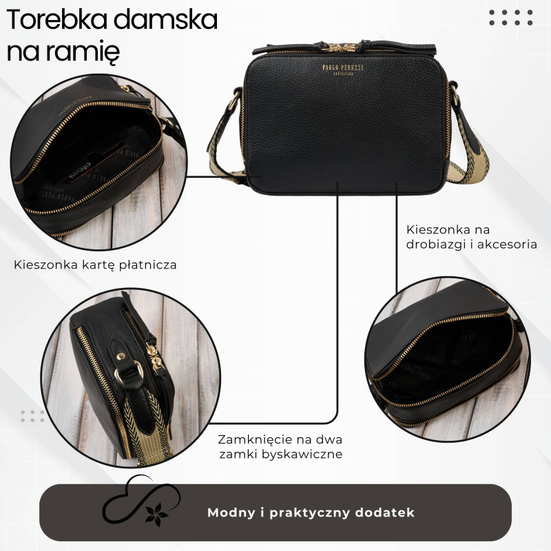 Torebka damska skórzana listonoszka na ramię modna czarna Paolo Peruzzi KV-03-BL