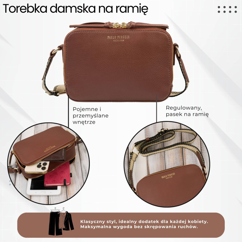 Torebka damska skórzana listonoszka na ramię modna brązowa Paolo Peruzzi KV-03-BR