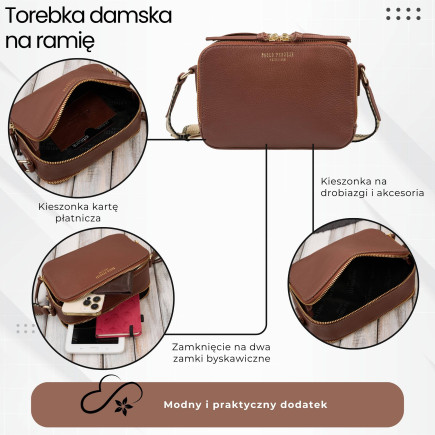 Torebka damska skórzana listonoszka na ramię modna brązowa Paolo Peruzzi KV-03-BR