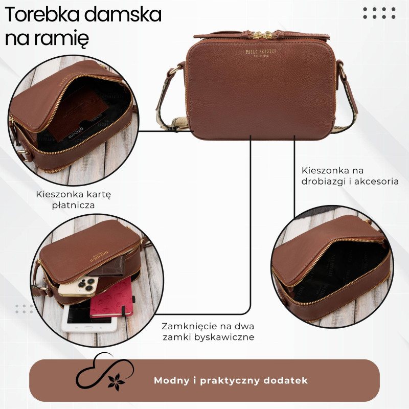 Torebka damska skórzana listonoszka na ramię modna brązowa Paolo Peruzzi KV-03-BR