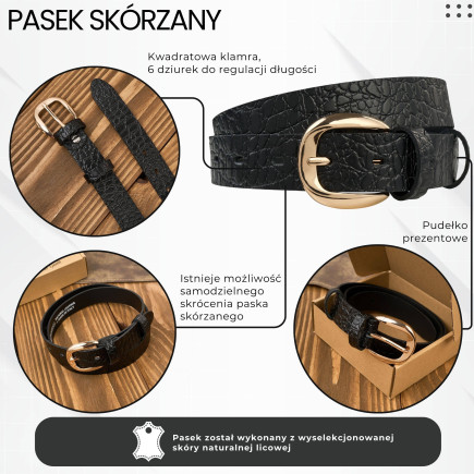 Pasek damski skórzany 90 cm do spodni wąski czarny croco  złota klamra