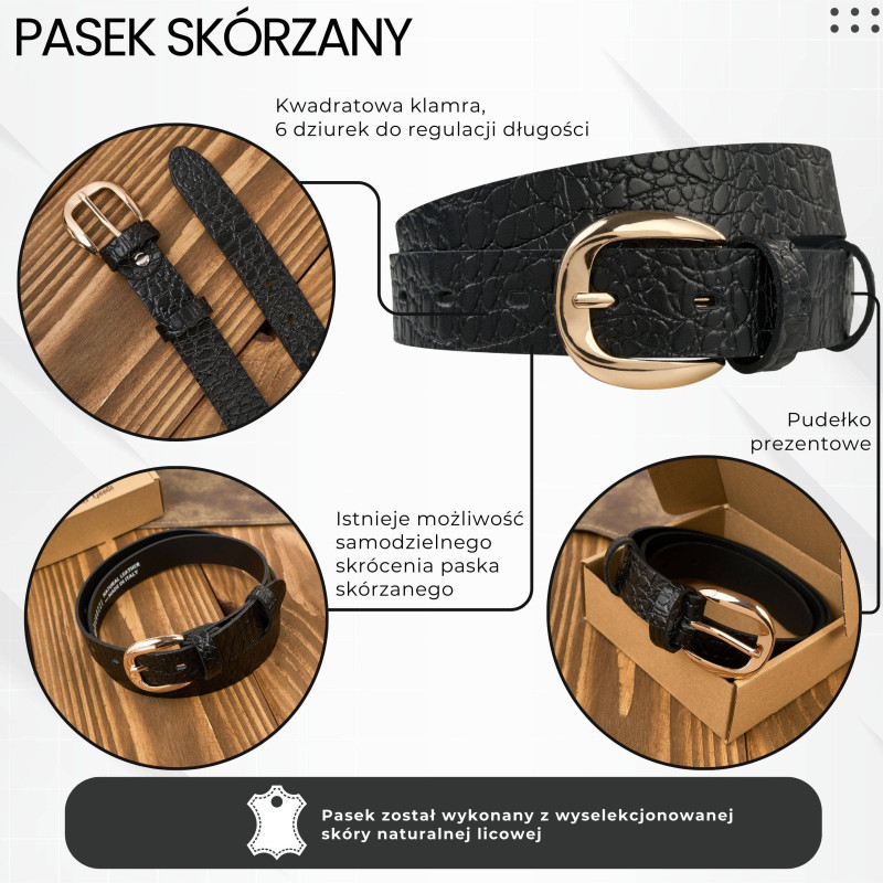 Pasek damski skórzany 90 cm do spodni wąski czarny croco  złota klamra