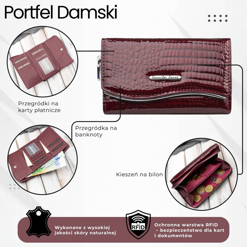 Portfel damski skórzany lakierowany croco burgundowy SP-24-CBGD – elegancki portfel z tłoczeniem