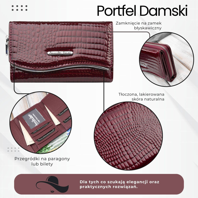 Portfel damski skórzany lakierowany croco burgundowy SP-24-CBGD – elegancki portfel z tłoczeniem