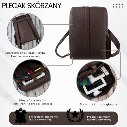 Plecak skórzany miejski do pracy premium kompaktowy brązowy T-144-BR