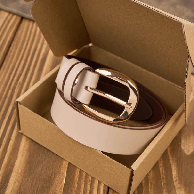 Pasek damski skórzany do spodni wąski beżowy licowy złota klamra PG-14-BZ-100