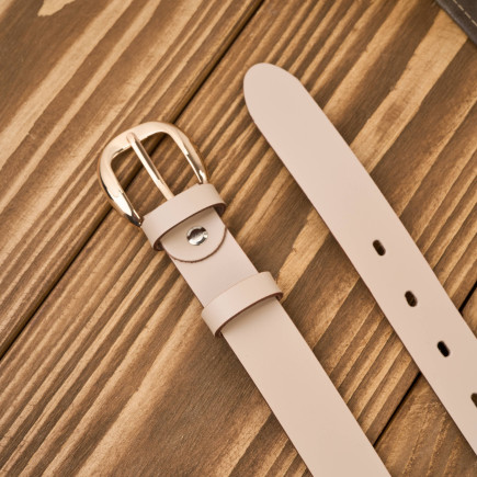 Pasek damski skórzany do spodni wąski beżowy licowy złota klamra PG-14-BZ-110