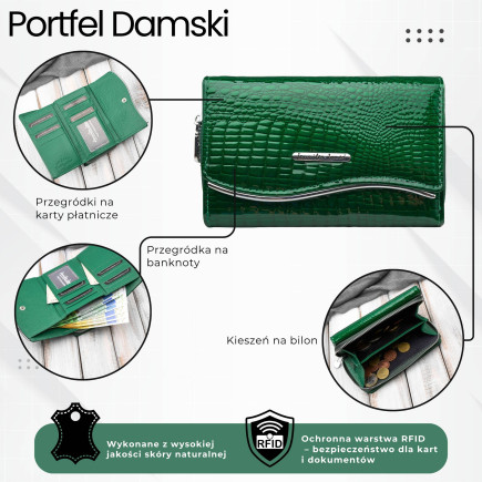 Portfel damski skórzany lakierowany croco zielony SP-24-CGRN – elegancki portfel z tłoczeniem