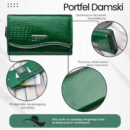 Portfel damski skórzany lakierowany croco zielony SP-24-CGRN – elegancki portfel z tłoczeniem