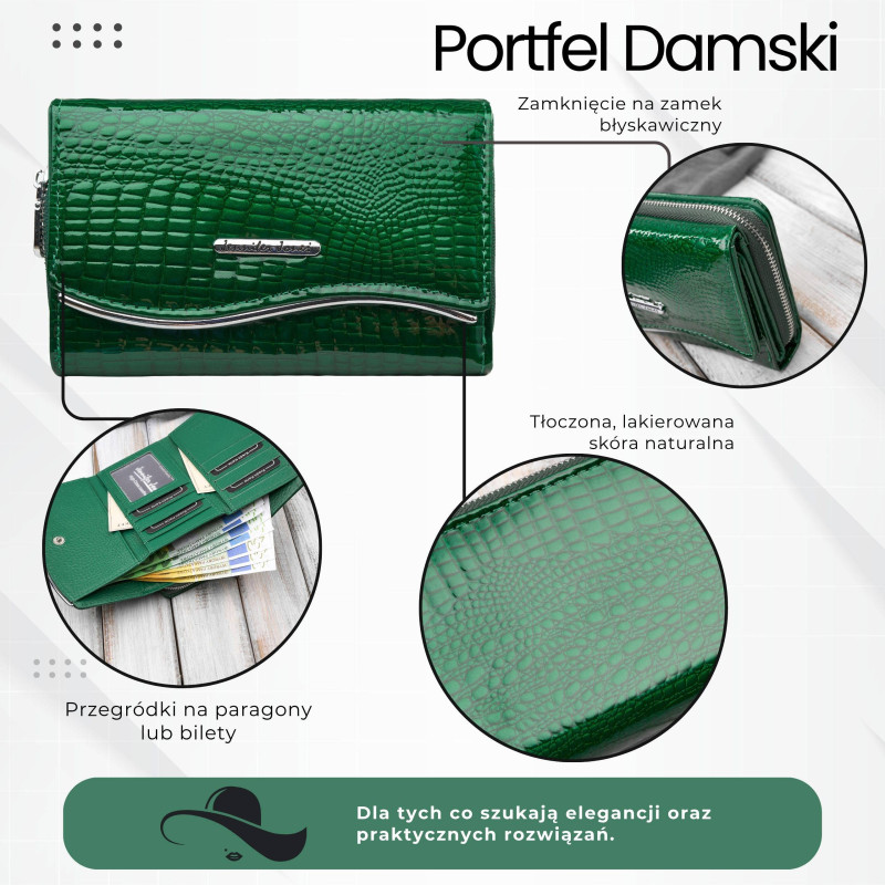 Portfel damski skórzany lakierowany croco zielony SP-24-CGRN – elegancki portfel z tłoczeniem