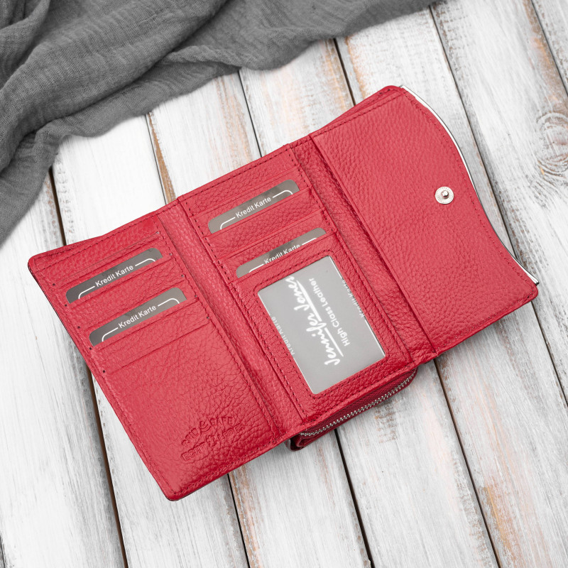 Portfel damski skórzany lakierowany czerwony SP-24-RD – elegancki portfel z roślinnym wzorem