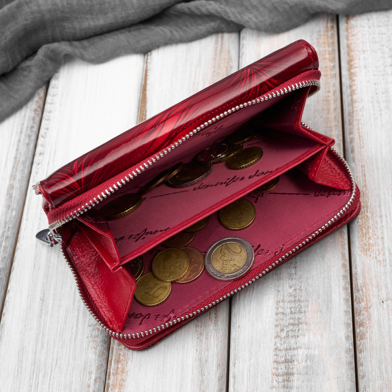 Portfel damski skórzany lakierowany czerwony SP-24-RD – elegancki portfel z roślinnym wzorem