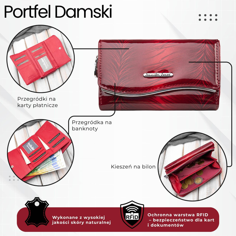 Portfel damski skórzany lakierowany czerwony SP-24-RD – elegancki portfel z roślinnym wzorem