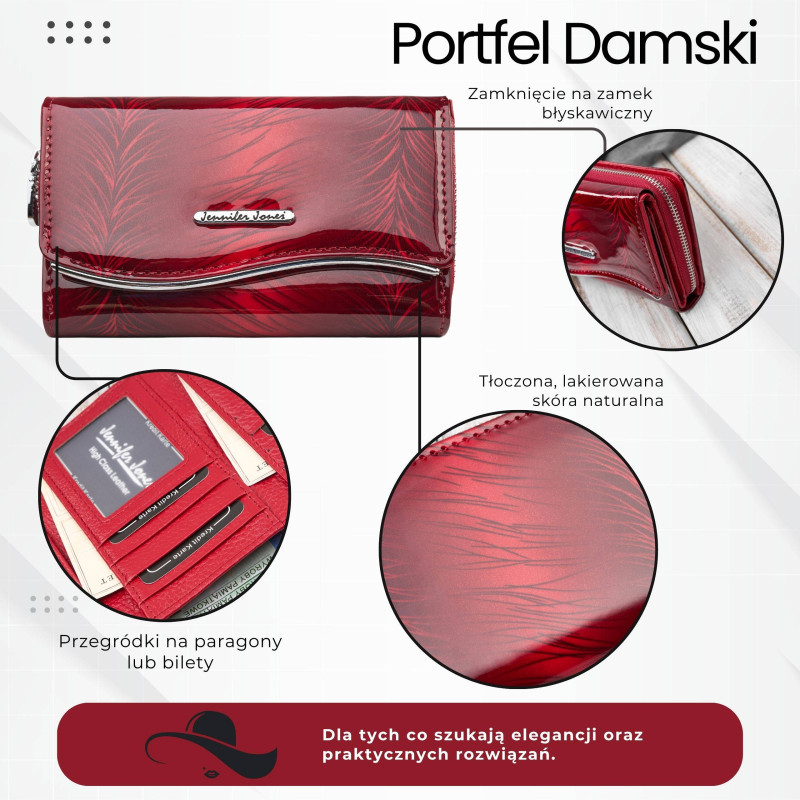 Portfel damski skórzany lakierowany czerwony SP-24-RD – elegancki portfel z roślinnym wzorem