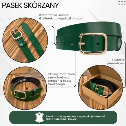 Pasek damski skórzany zielony 110 cm ze złotą klamrą | Paolo Peruzzi PG-11-GZ-110
