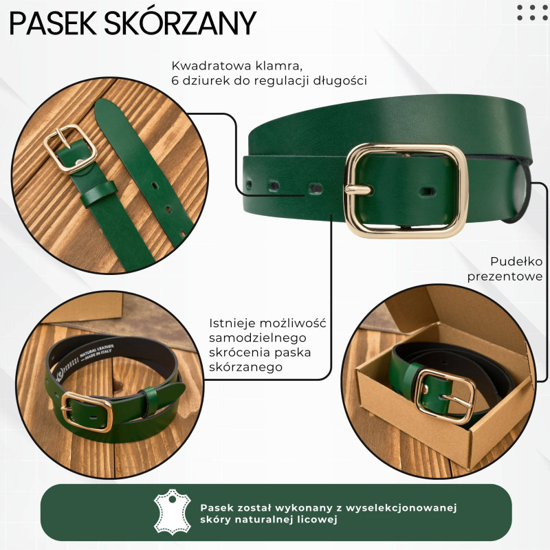 Pasek damski skórzany zielony 110 cm ze złotą klamrą | Paolo Peruzzi PG-11-GZ-110