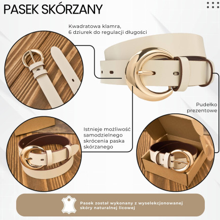 Pasek damski skórzany 90 cm do spodni wąski kremowy licowy złota klamra PG-13-ECRZ-90
