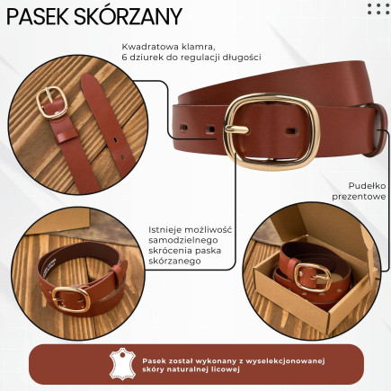 Pasek damski skórzany 100 cm do spodni brązowy licowy ze złotą klamrą PG-15-TCZ-100