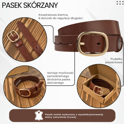 Pasek damski skórzany 100 cm do spodni brązowy licowy ze złotą klamrą PG-15-TBZ-100