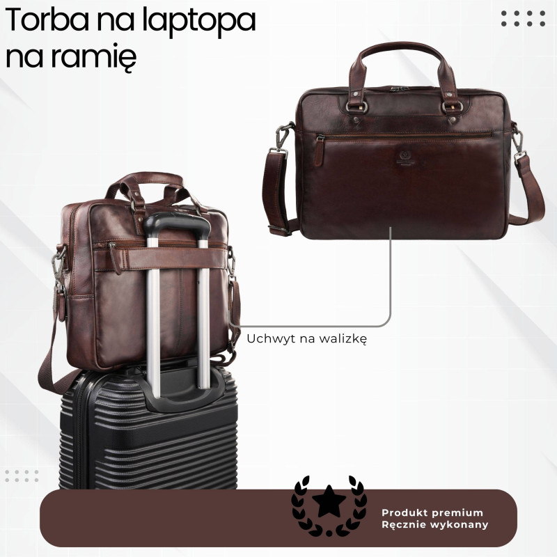 Torba męska na ramię do ręki skórzana na laptopa dokumenty A4 brązowa pojemna Paolo Peruzzi SL-08-BR