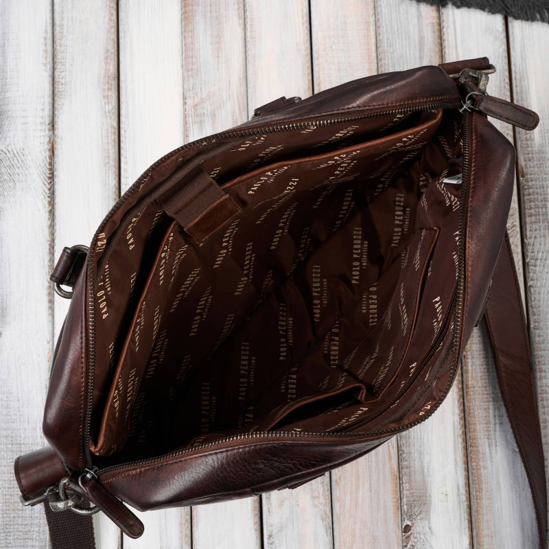 Torba męska na ramię do ręki skórzana na laptopa dokumenty A4 brązowa pojemna Paolo Peruzzi SL-08-BR