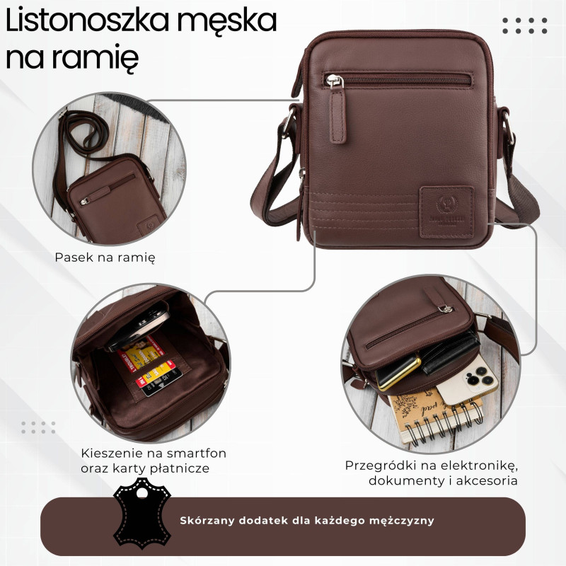 Saszetka męska skórzana brązowa na ramię – miejska, klasyczna i pojemna AY-27-BR