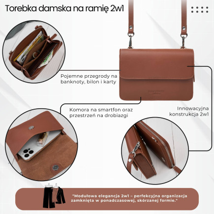 Mała skórzana torebka damska 2w1 koniakowa | Elegancka kopertówka i torebka na ramię – AY-21-CG