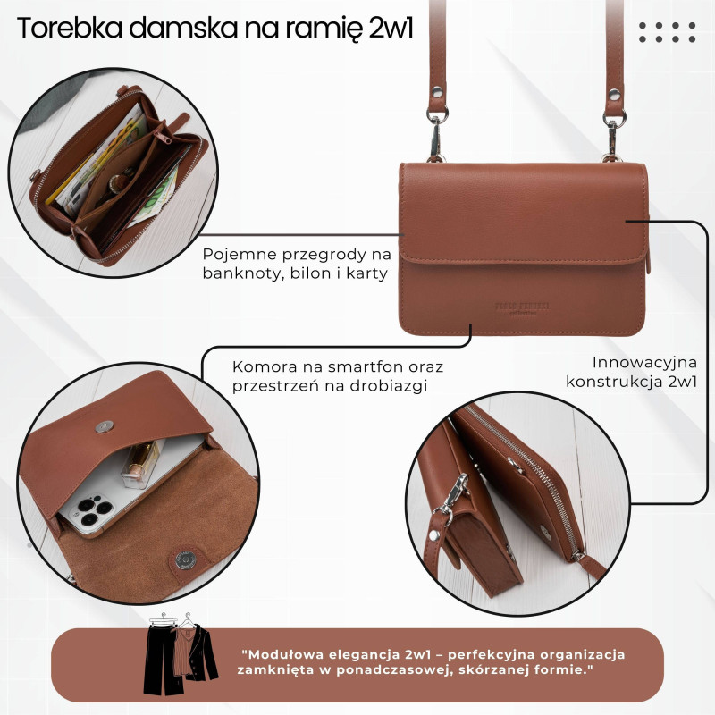 Mała skórzana torebka damska 2w1 koniakowa | Elegancka kopertówka i torebka na ramię – AY-21-CG