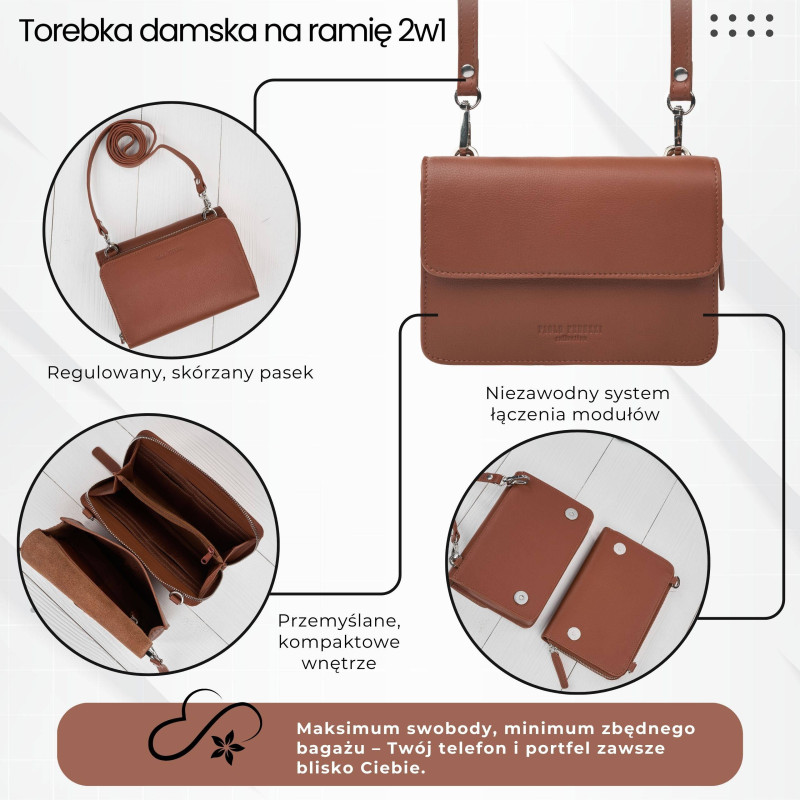 Mała skórzana torebka damska 2w1 koniakowa | Elegancka kopertówka i torebka na ramię – AY-21-CG