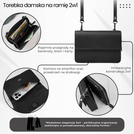 Mała skórzana torebka damska 2w1 czarna | Elegancka kopertówka i torebka na ramię – AY-21-BL