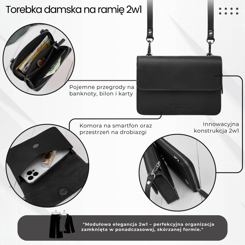 Mała skórzana torebka damska 2w1 czarna | Elegancka kopertówka i torebka na ramię – AY-21-BL