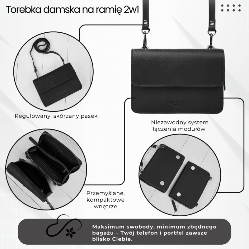 Mała skórzana torebka damska 2w1 czarna | Elegancka kopertówka i torebka na ramię – AY-21-BL