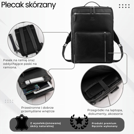 Plecak skórzany miejski do pracy premium na laptopa czarny Paolo Peruzzi