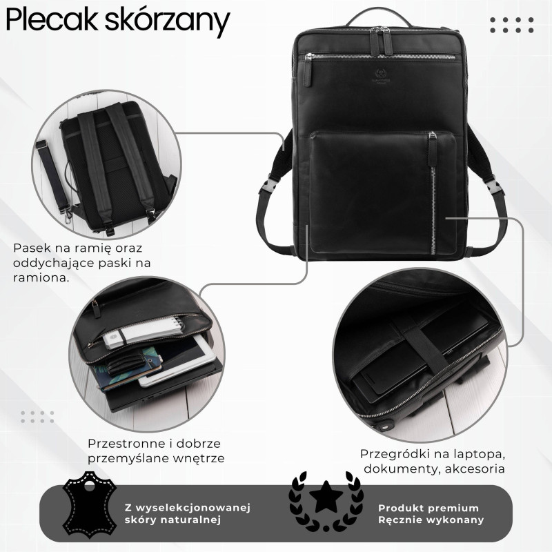 Plecak skórzany miejski do pracy premium na laptopa czarny Paolo Peruzzi