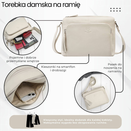 Klasyczna torebka damska na ramię skórzana beżowa Paolo Peruzzi AY-22-BG