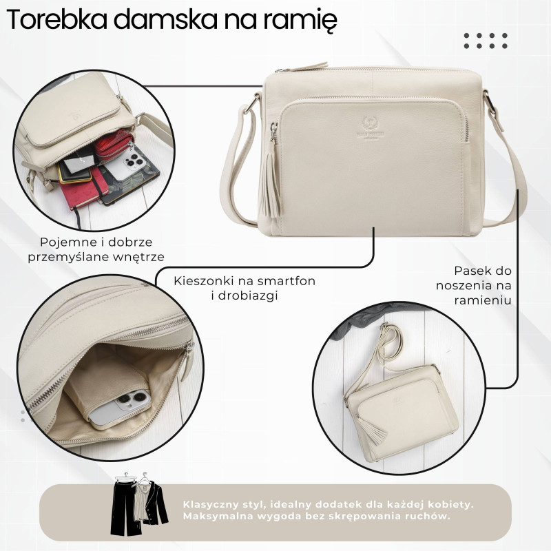 Klasyczna torebka damska na ramię skórzana beżowa Paolo Peruzzi AY-22-BG