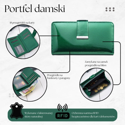 Portfel Damski Skóra Naturalna Lakierowana Zielony | SP-25-GR