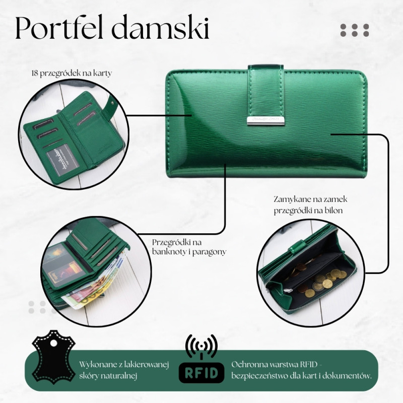 Portfel Damski Skóra Naturalna Lakierowana Zielony | SP-25-GR
